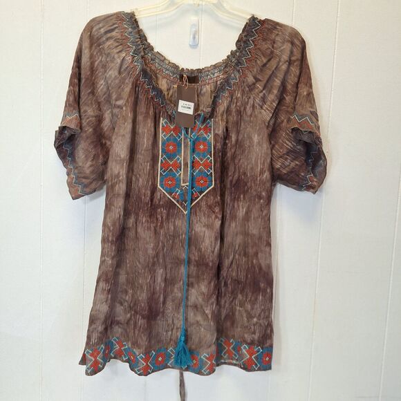 TresKa Boho Mocha Embroidery Top w/Back Tie & Tassels One Size NWT  Cottage Core - Picture 5 of 15
